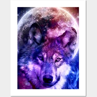 Mystical Wolf Face in Front of the Moon and galaxy Posters and Art